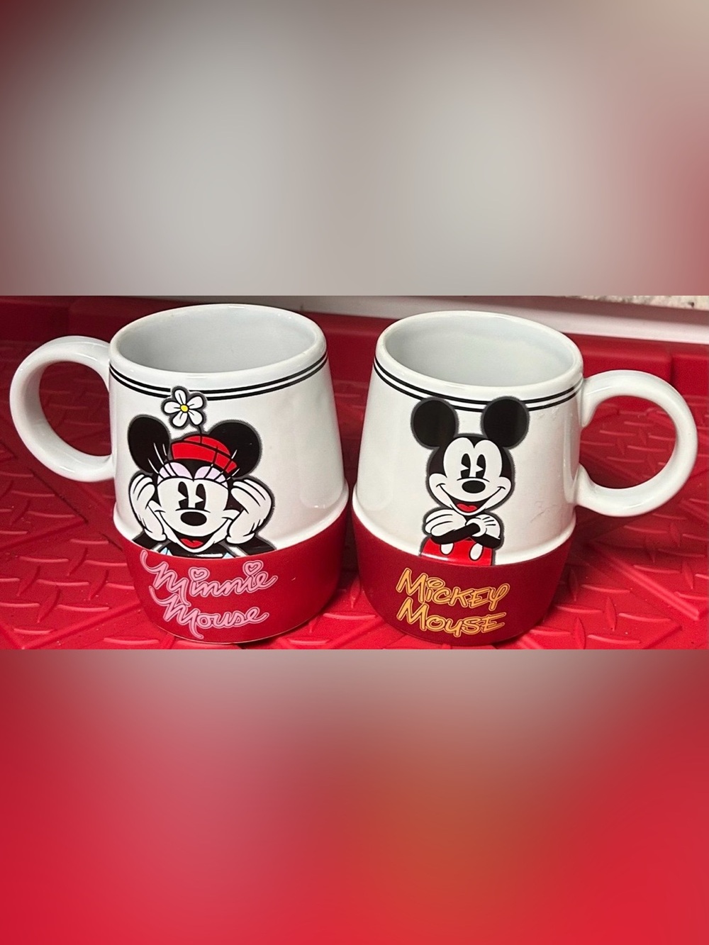 Disney Store Mickey Minnie Mouse Tea Coffee Mugs Red White Mug Lot of 2